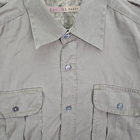 Ted Baker Button-Down Shirt Men's Size 3 Long Sleeve Olive Green Pockets - Picture 5 of 10